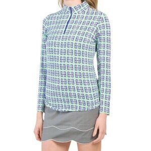 IBKUL Long Sleeve Top Size XL Geo Key Navy Green Golf Tennis Pickleball COOLING